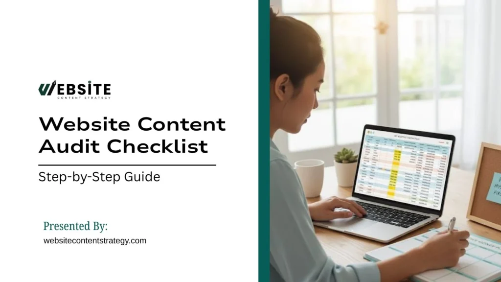 Title graphic for "Website Content Audit Checklist: Step-by-Step Guide" featuring a woman working on a laptop with a spreadsheet on the screen and writing in a notepad at a bright desk.