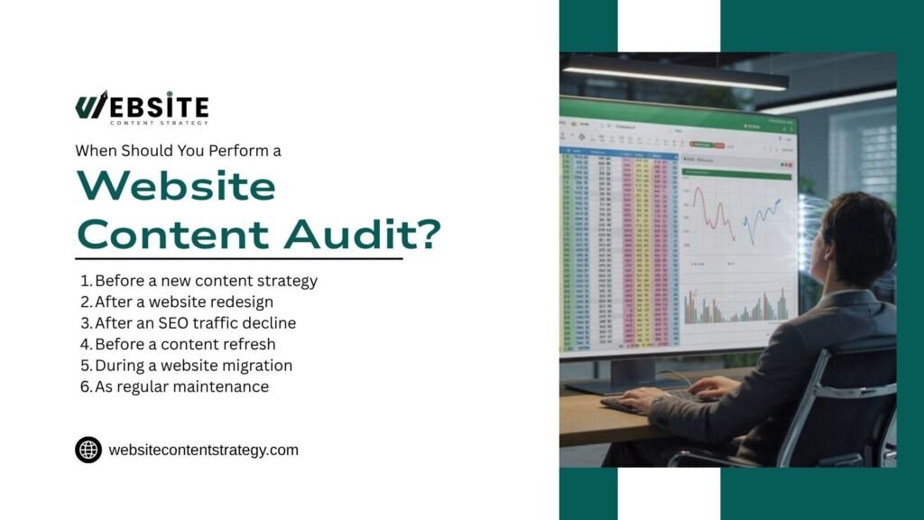 Graphic titled "When Should You Perform a Website Content Audit?" paired with an image of a professional analyzing data charts on a large vertical monitor. The reasons listed include before a new content strategy, after a redesign, after an SEO decline, before a content refresh, during a migration, and as regular maintenance.