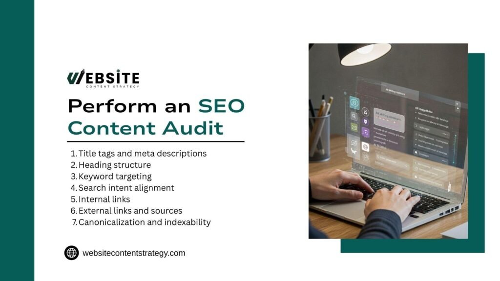 Graphic listing steps to perform an SEO content audit alongside an image of someone using a laptop with holographic data overlay. The checklist includes title tags, heading structure, keyword targeting, search intent alignment, internal links, external links, and canonicalization.