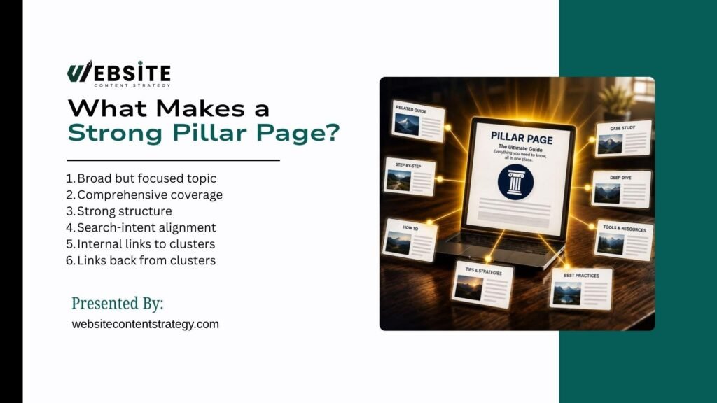 Graphic listing six key traits of a strong pillar page next to a glowing 3D illustration of a laptop representing a central pillar page linked to surrounding content nodes. Listed elements include broad yet focused topic, comprehensive coverage, strong structure, search-intent alignment, internal links to clusters, and links back from clusters.