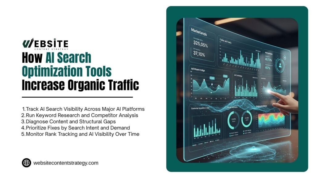 Slide titled "How AI Search Optimization Tools Increase Organic Traffic" from websitecontentstrategy.com. The left side outlines five steps: tracking AI search visibility, running keyword and competitor analysis, diagnosing content gaps, prioritizing fixes by search intent, and monitoring rank tracking over time. The right side shows a hand interacting with a glowing digital analytics dashboard displaying charts and metrics.