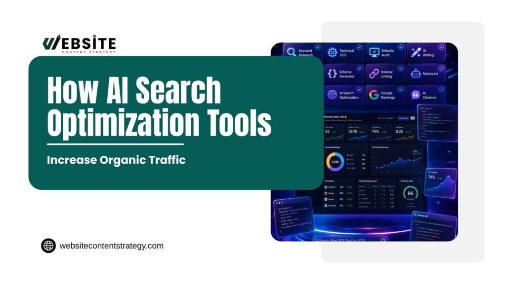 Presentation graphic titled "How AI Search Optimization Tools Increase Organic Traffic" by Website Content Strategy (websitecontentstrategy.com). Features an image of a dark-themed SEO management dashboard showing tools for Schema, AI Citations, Internal Linking, and AI Visibility metrics across ChatGPT, Claude, Gemini, and Perplexity.