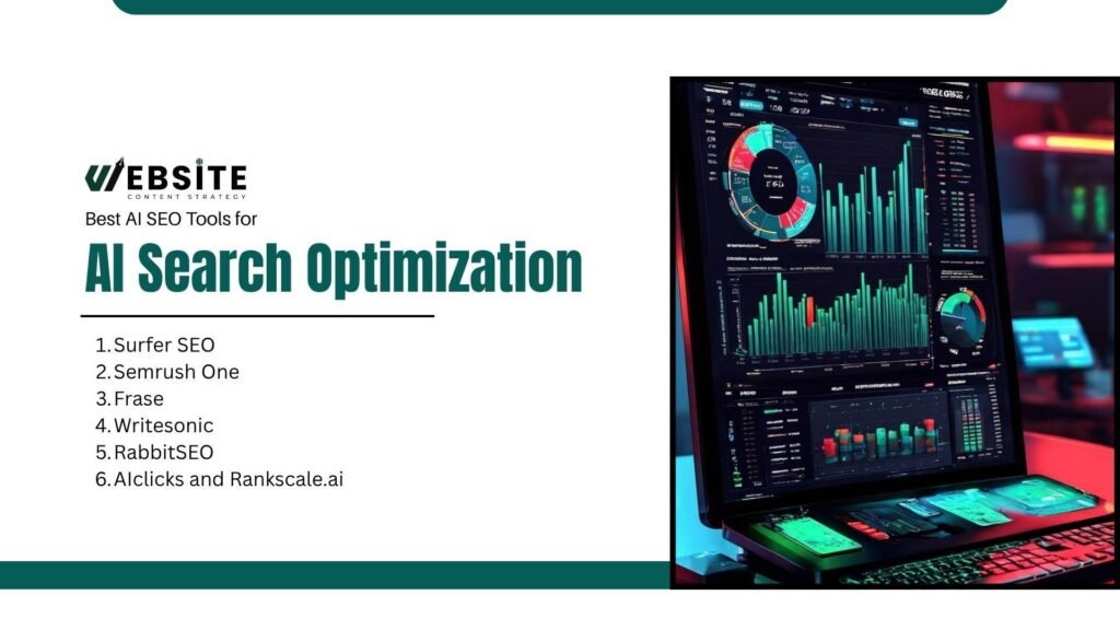 Graphic titled "Best AI SEO Tools for AI Search Optimization" by Website Content Strategy. On the left, it lists six tools: Surfer SEO, Semrush One, Frase, Writesonic, RabbitSEO, and AIClicks and Rankscale.ai. The right side features a laptop displaying complex, colorful analytics dashboards and data visualizations.