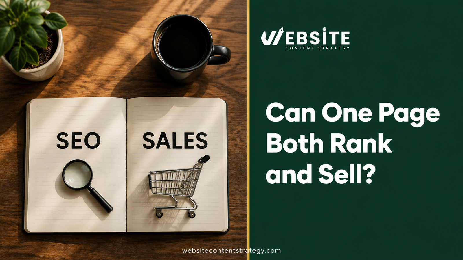 Can one page both rank and sell? SEO vs sales notebook with magnifying glass and shopping cart icons