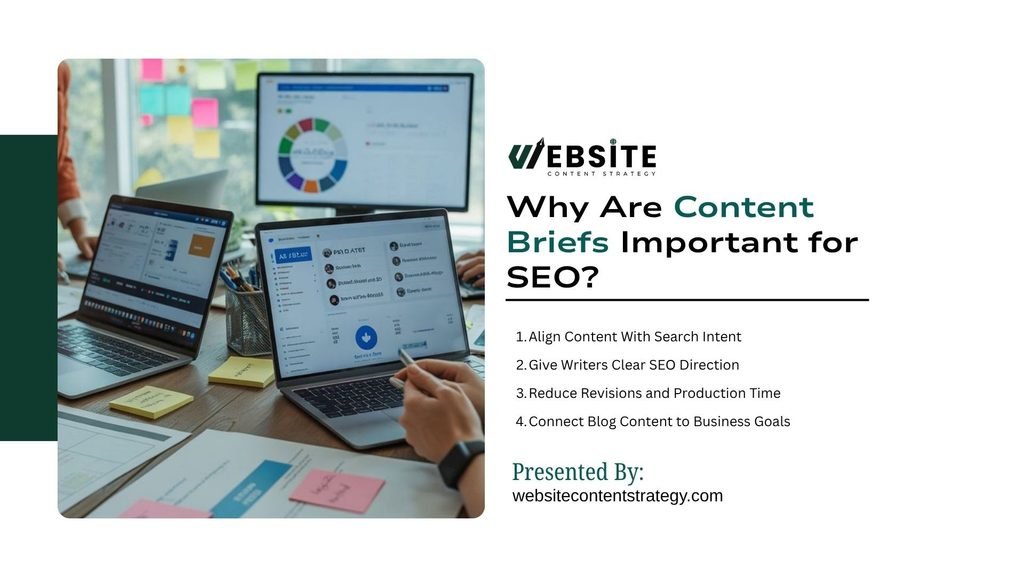 Informational slide titled "Why Are Content Briefs Important for SEO?" presented by websitecontentstrategy.com. Key points listed on the right:
Align Content With Search Intent
Give Writers Clear SEO Direction
Reduce Revisions and Production Time
Connect Blog Content to Business Goals
Left image shows a workstation with open laptops displaying data charts and sticky notes.