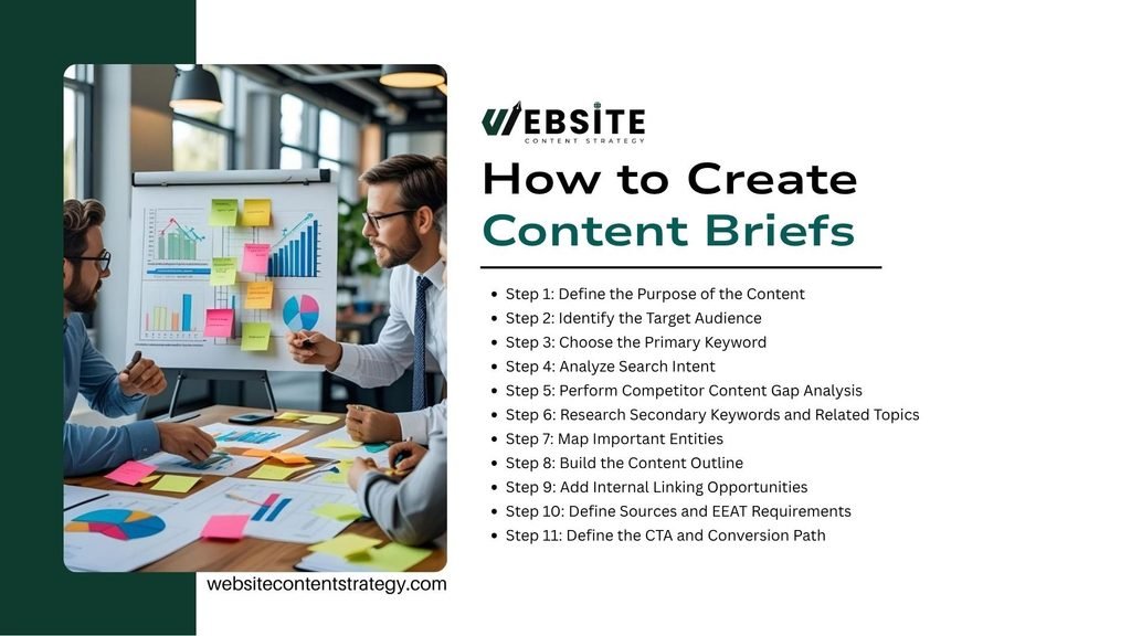 Slide titled "How to Create Content Briefs" from websitecontentstrategy.com detailing an 11-step process:
Step 1: Define the Purpose of the Content
Step 2: Identify the Target Audience
Step 3: Choose the Primary Keyword
Step 4: Analyze Search Intent
Step 5: Perform Competitor Content Gap Analysis
Step 6: Research Secondary Keywords and Related Topics
Step 7: Map Important Entities
Step 8: Build the Content Outline
Step 9: Add Internal Linking Opportunities
Step 10: Define Sources and EEAT Requirements
Step 11: Define the CTA and Conversion Path
The left side displays office workers reviewing colorful sticky notes and performance graphs on a whiteboard.