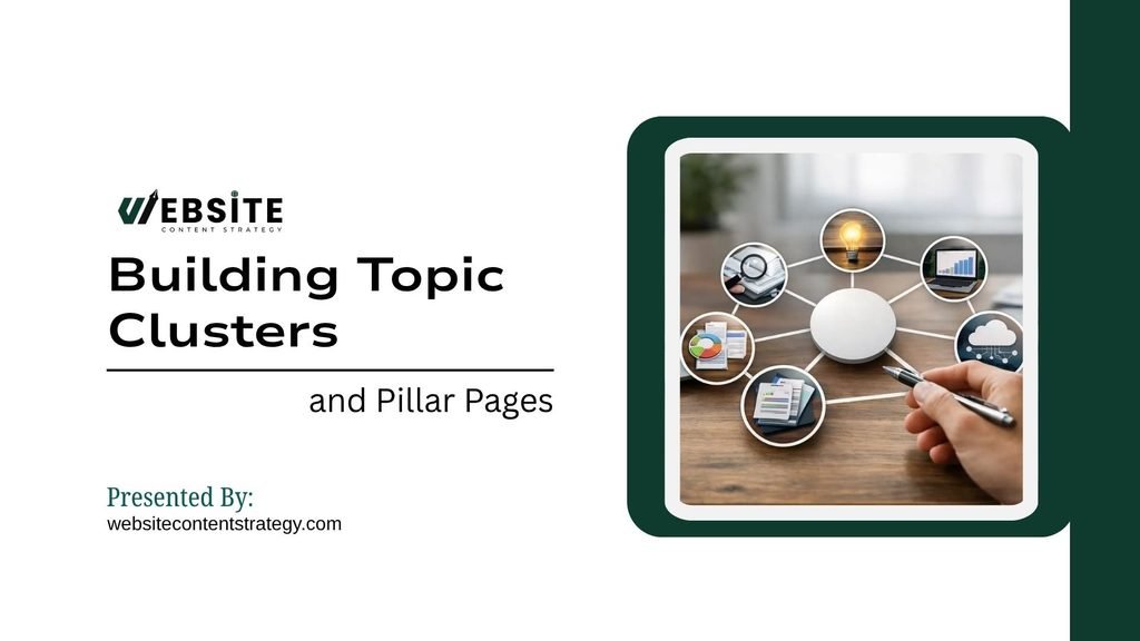 Slide titled "Building Topic Clusters and Pillar Pages" presented by websitecontentstrategy.com. Right side features a visual graphic of a hand holding a pen near a central white hub connected by spokes to six surrounding circular topic icons representing strategy, analytics, and digital media.