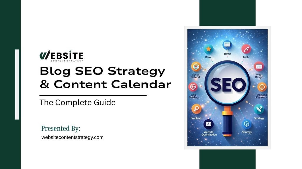 Title slide titled "Blog SEO Strategy & Content Calendar: The Complete Guide" presented by websitecontentstrategy.com. Right side features a magnifying glass over an SEO diagram encircled by digital icons representing Traffic, Rank, Web Design, Indexing Keywords, Strategy, Website Optimization, Feedback, Link Building, and Social Network.