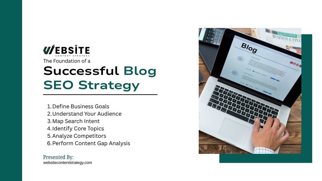 Presentation slide titled "The Foundation of a Successful Blog SEO Strategy" from websitecontentstrategy.com. Left side outlines six steps: defining goals, understanding audience, mapping search intent, identifying core topics, analyzing competitors, and performing content gap analysis. Right side displays hands typing on an open laptop displaying a blog interface.